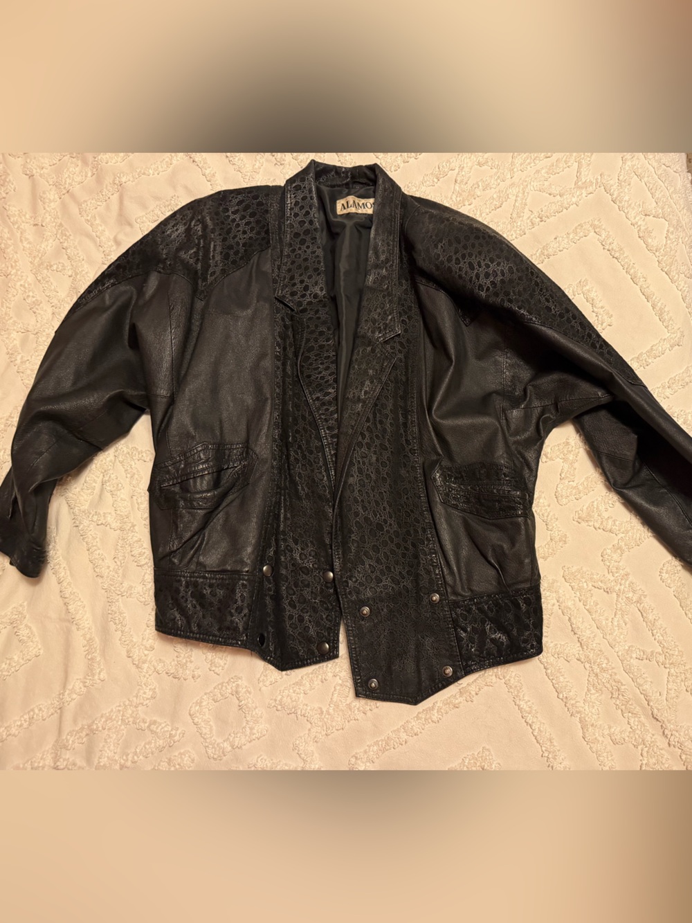 Vintage 80’s Alamos Black Leather Jacket with Textured Panels and Snap Accents